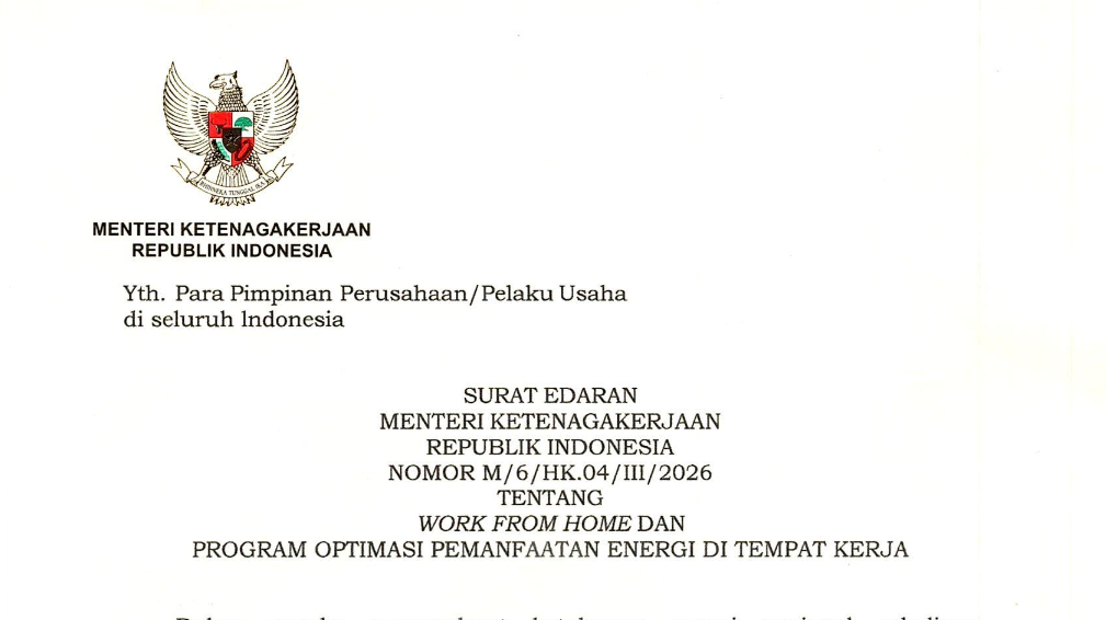 WFH 1 Hari Sepekan Diimbau Lewat SE Menaker 2026, Gaji Tak Dipotong dan Target Hemat BBM Rp59 Triliun